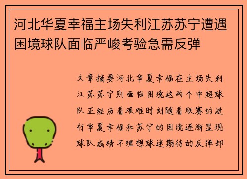 河北华夏幸福主场失利江苏苏宁遭遇困境球队面临严峻考验急需反弹