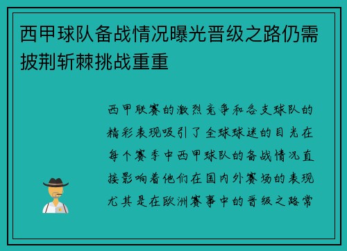 西甲球队备战情况曝光晋级之路仍需披荆斩棘挑战重重
