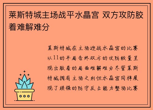 莱斯特城主场战平水晶宫 双方攻防胶着难解难分