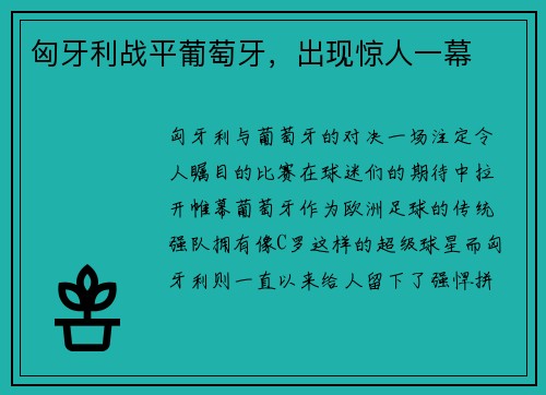 匈牙利战平葡萄牙，出现惊人一幕