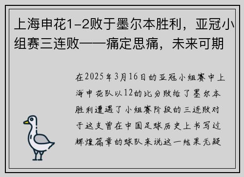 上海申花1-2败于墨尔本胜利，亚冠小组赛三连败——痛定思痛，未来可期