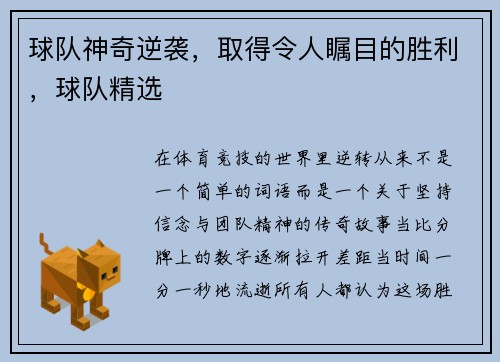 球队神奇逆袭，取得令人瞩目的胜利，球队精选