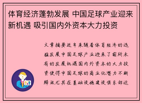 体育经济蓬勃发展 中国足球产业迎来新机遇 吸引国内外资本大力投资